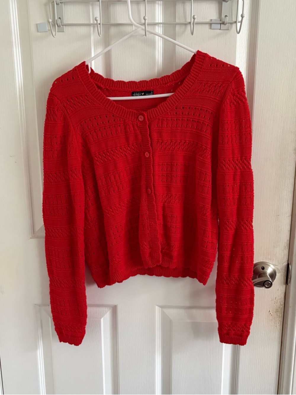 Bright Red Openwork Button-Front Cardigan Sweater